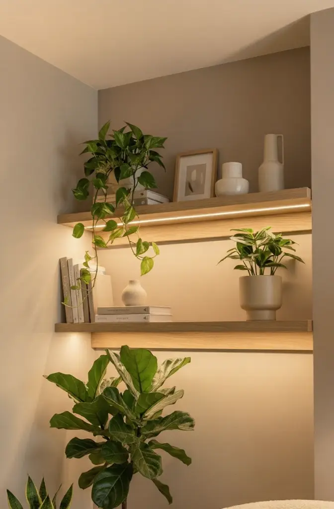 
Minimal floating shelf styling with warm LED lighting, neutral books, ceramics, and framed art.