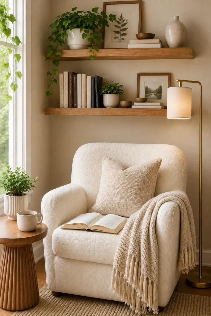 Cozy minimalist reading corner with a cream armchair, open book, floating wooden shelves, plants, and a warm floor lamp.