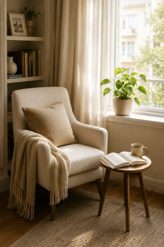 Cozy reading corner by a window with a cream armchair, open book, and indoor plant