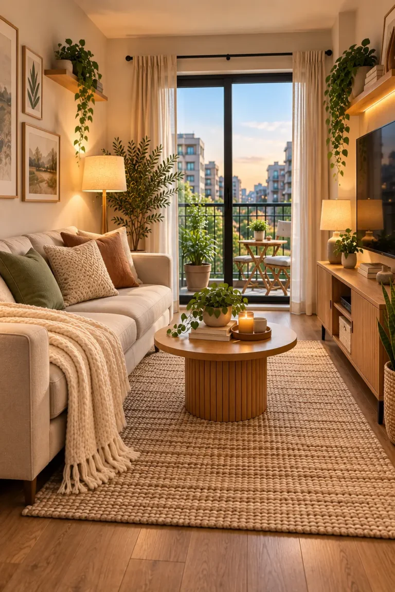 Cozy small apartment living room with neutral decor and warm layered lighting