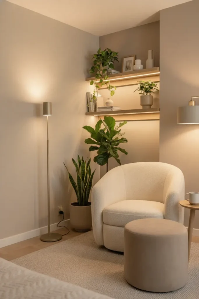 close-up cozy decor detail, ceramic vase, stacked books, warm LED shelf light, neutral textures, soft shadows, calm aesthetic, Pinterest style, photorealistic lifestyle interior detail shot --ar 16:9
