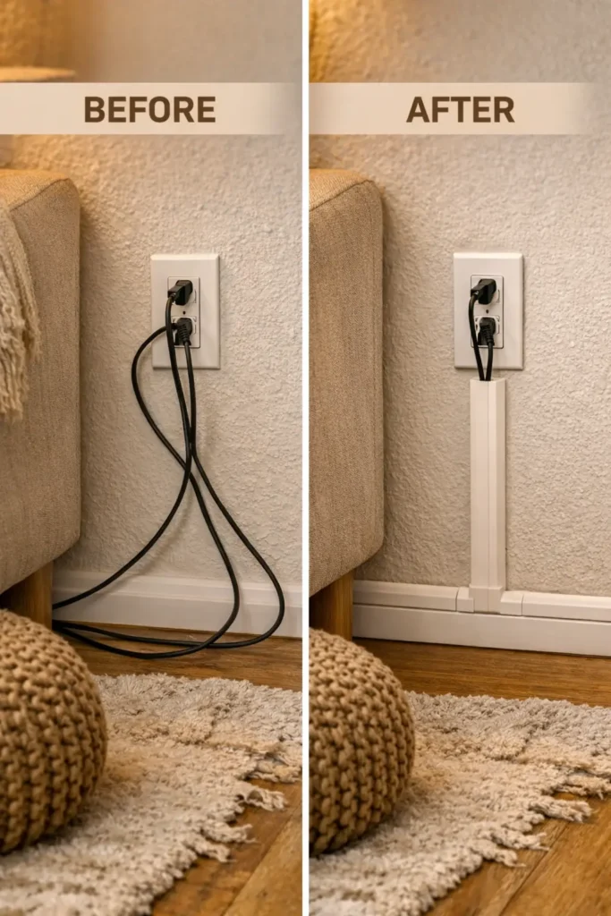 Hidden cable management behind TV console renter friendly solution