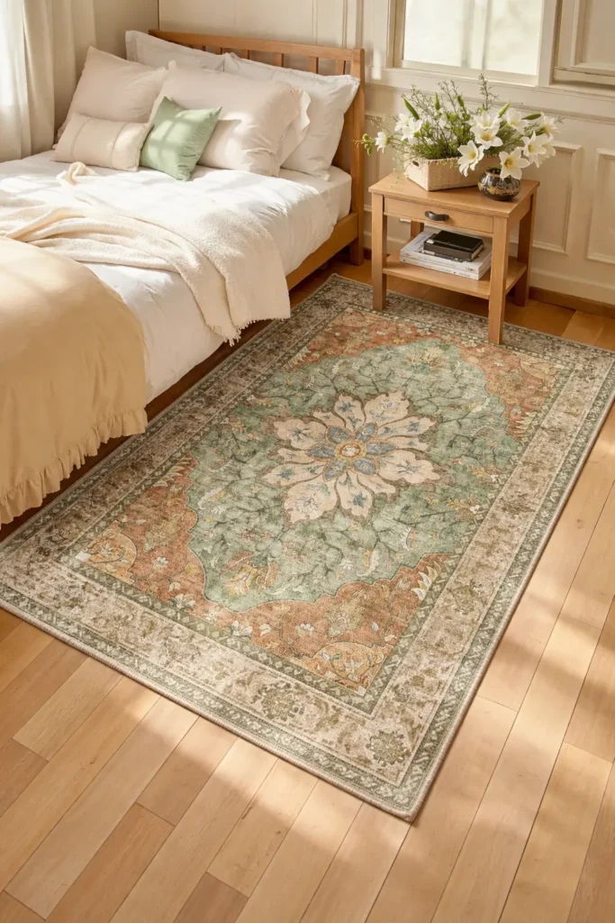 Sunlit cozy bedroom with a light wood bed, neutral bedding, and a vintage green and terracotta patterned area rug on hardwood flooring beside a wooden nightstand with fresh white lilies.