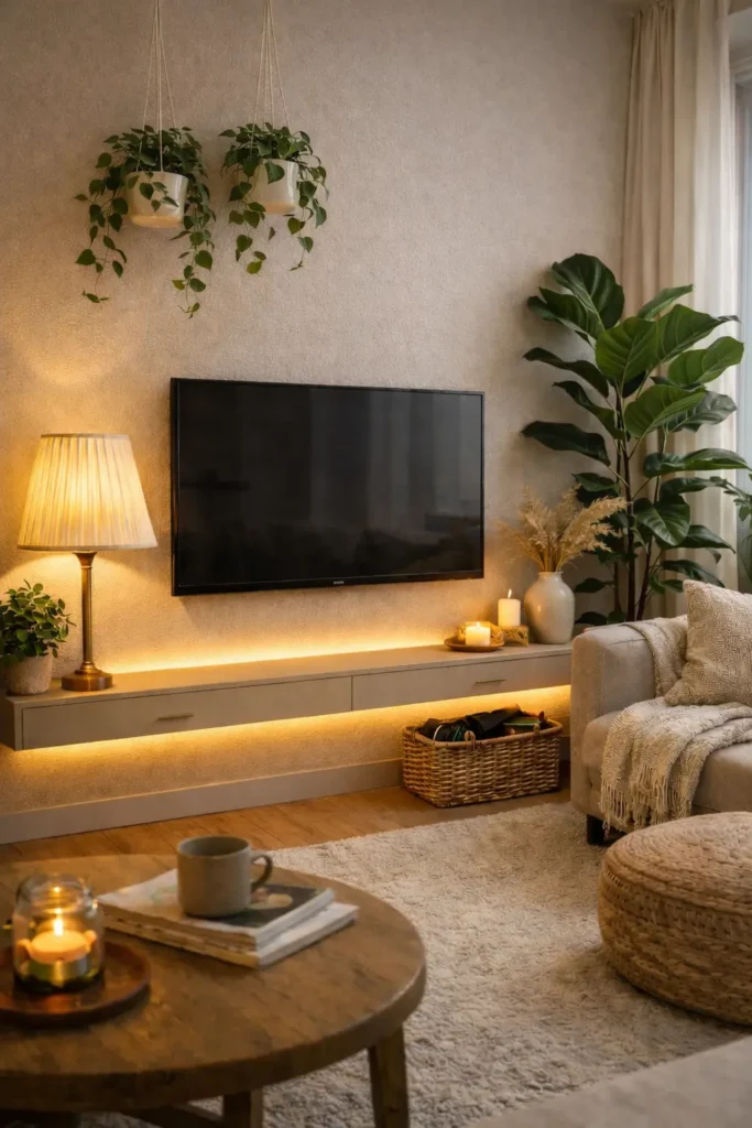 slim console cozy tv corner setup renter friendly