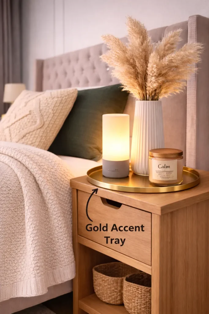 Gold accent tray on a wooden bedside table holding a ceramic vase with pampas grass, glowing table lamp, and scented candle in a cozy neutral bedroom setting.