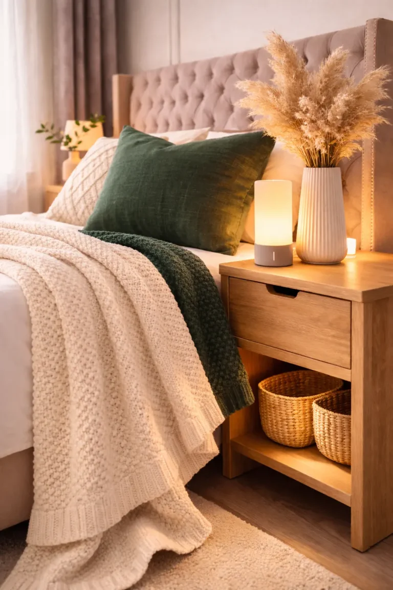 Minimalist cozy bedroom corner featuring a wooden nightstand with woven baskets, a warm bedside lamp, pampas grass in a white vase, and layered knit blankets with a green accent pillow on a tufted headboard bed.