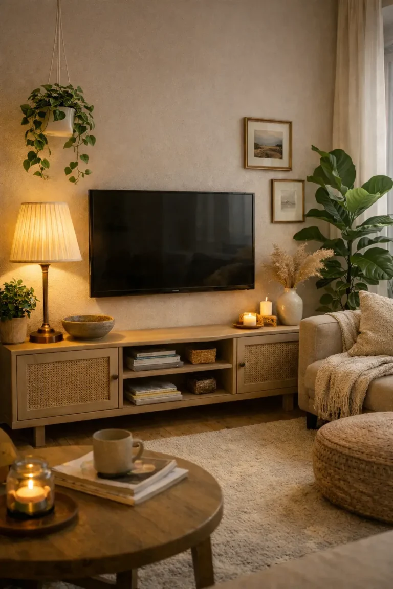 cozy tv corner ideas for small apartments with warm lighting and neutral decor