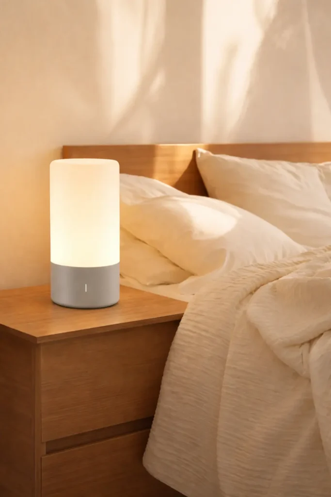 
Cozy minimalist bedroom with warm sunlight, wooden bed frame, cream bedding, and modern bedside table for calm aesthetic interior design.