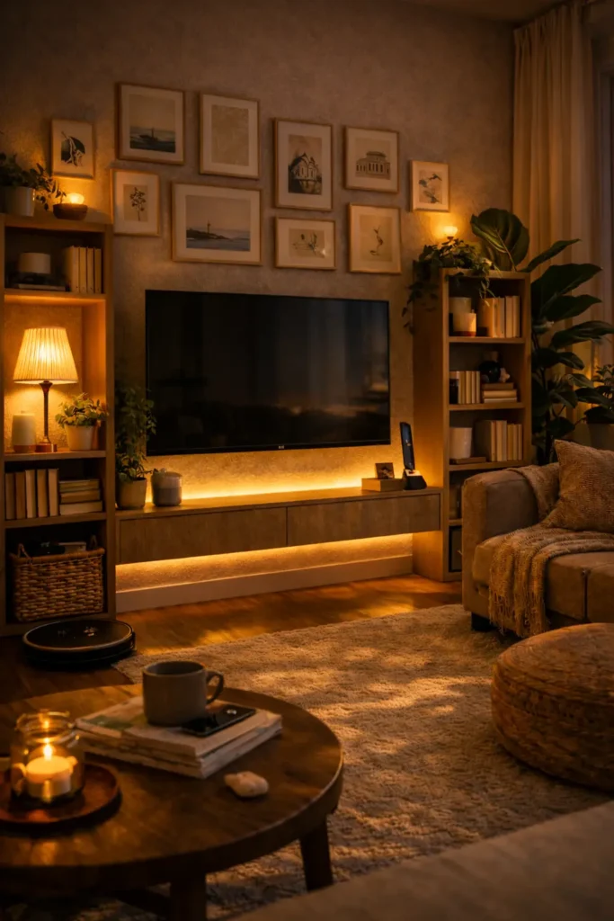 cozy lighting tv corner warm lamp idea