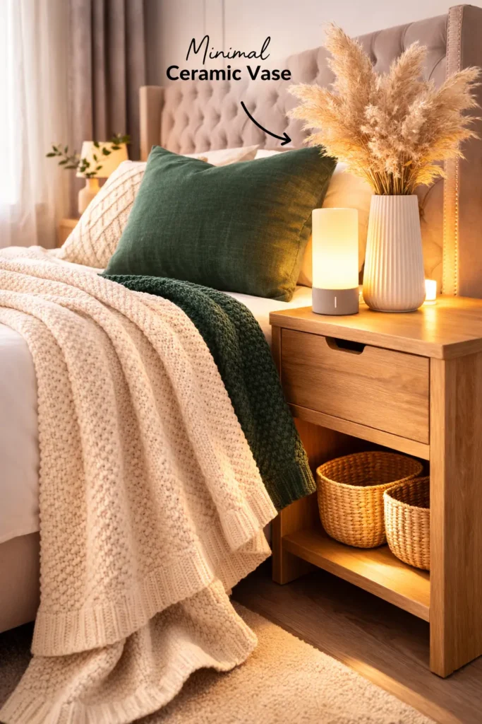 Cozy minimalist bedroom scene featuring a green accent cushion, chunky cream knit blanket, glowing bedside table lamp, and ribbed white ceramic vase with pampas grass on a wooden nightstand.