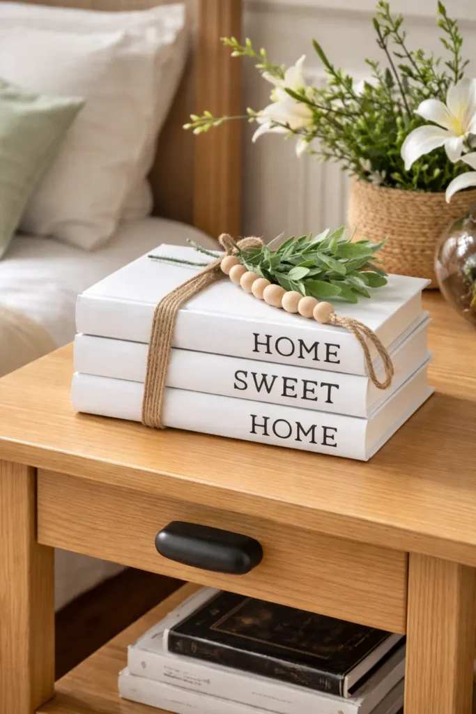 Decorative “Home Sweet Home” white book stack tied with rustic twine and wooden beads, styled on a light oak bedside table with greenery and white lilies in a cozy neutral bedroom.