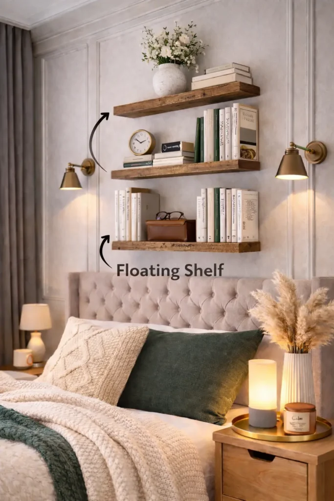 Elegant minimalist bedroom with wooden floating shelves, neutral bedding, knit throw blanket, green accent pillow, gold tray decor, ceramic vase with pampas grass, and warm bedside lighting creating a cozy aesthetic.