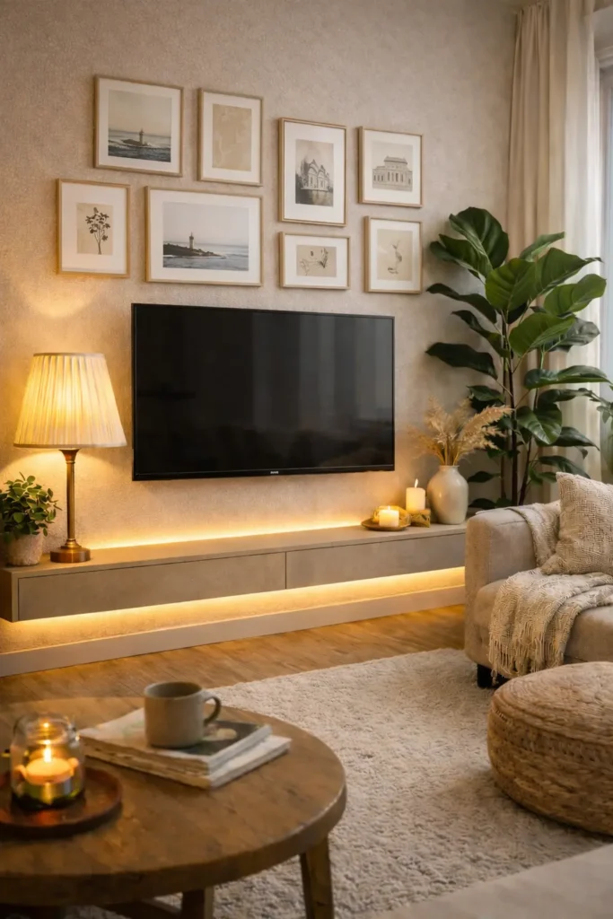 gallery wall around tv cozy decor idea