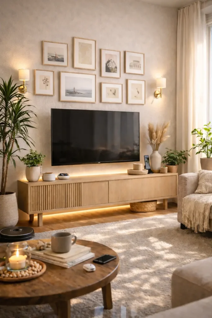 japandi cozy tv corner minimalist apartment