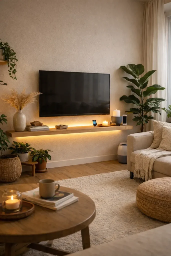 floating shelf tv corner for small apartment minimalist style