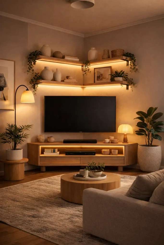 cozy TV corner decor with dark wall, warm lighting and wooden console