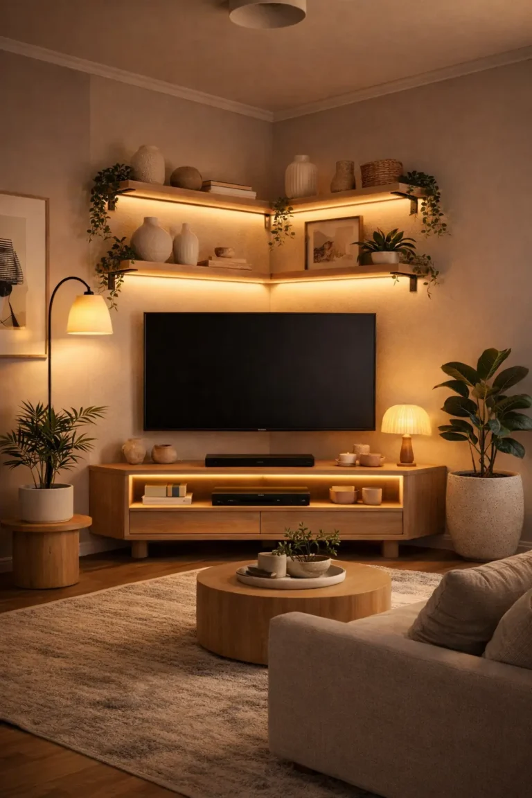 Cozy TV corner in small apartment with warm lamp, floating shelves and neutral decor