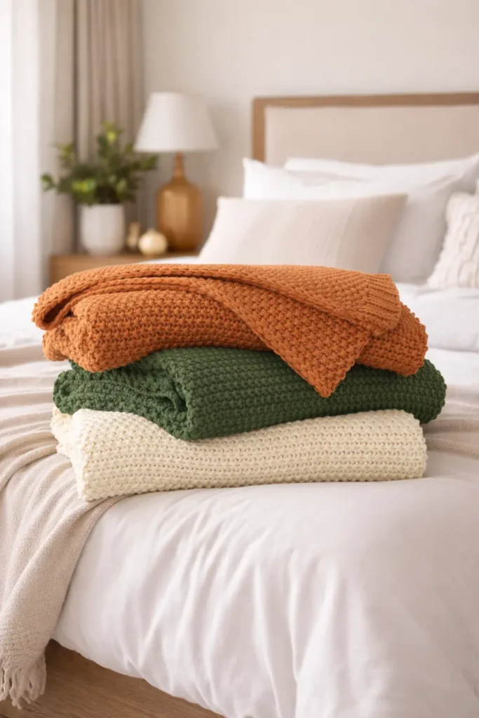 Neutral knit throw blankets stacked on cozy bed in minimalist bedroom decor