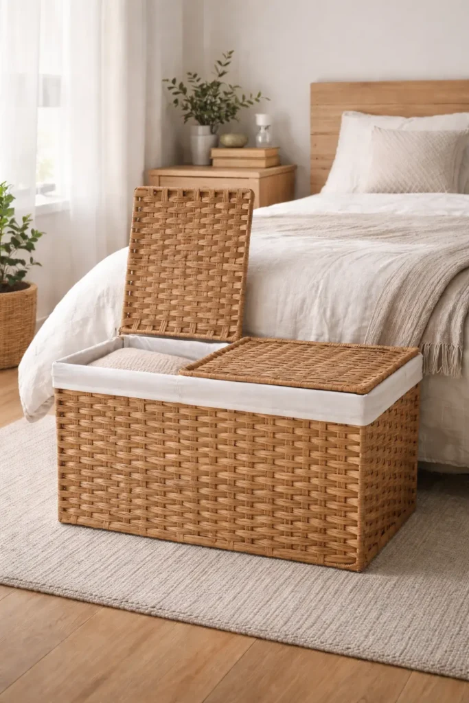 Woven rattan storage basket with open lid placed at the foot of a neutral bedroom bed, featuring white fabric lining and soft beige bedding in a minimalist cozy interior.