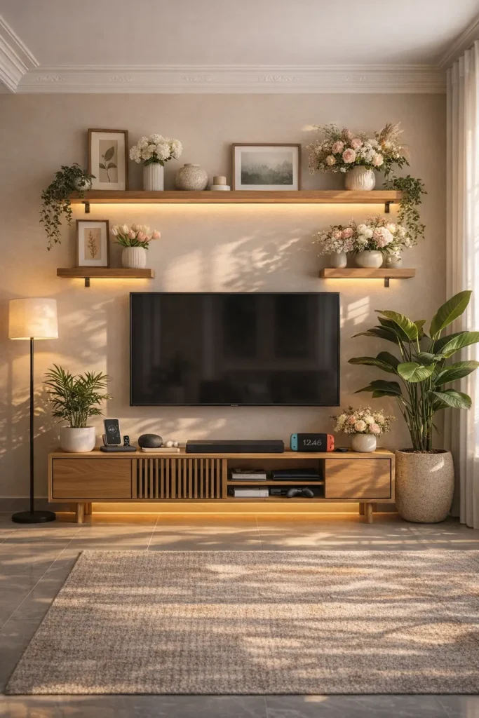 Small living room TV layout with slim console and balanced seating