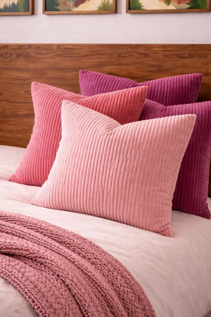Close-up of four pink velvet corduroy throw pillows arranged on a modern bedroom bed with a wooden headboard and matching blush knit throw blanket.
