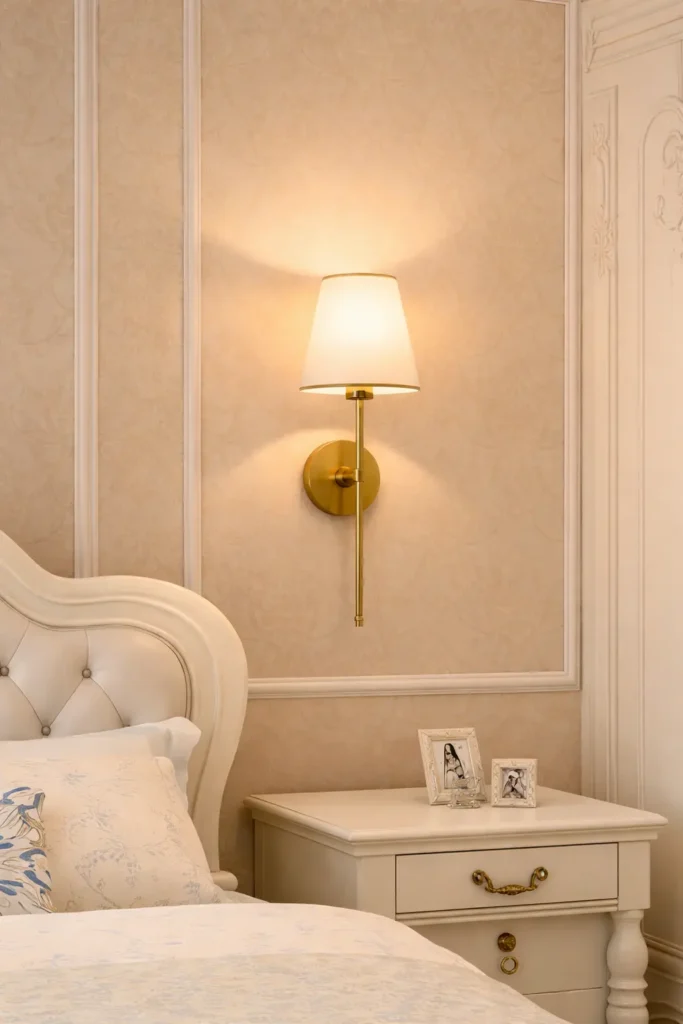 Elegant brass wall sconce with white fabric shade mounted on beige patterned wall above a classic cream bedside table in a cozy neutral bedroom interior.