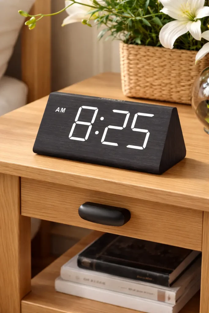Minimal wooden digital alarm clock displaying 8:25 AM on a light oak bedside table, styled in a cozy neutral bedroom with white lilies and stacked books in soft natural daylight.