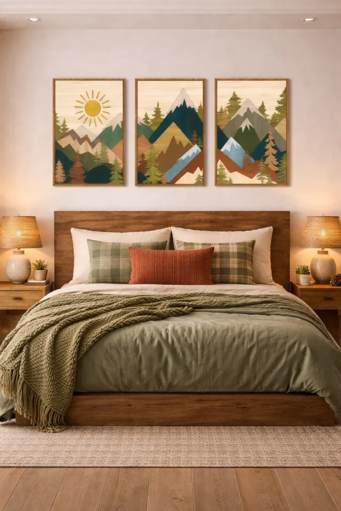 
Triptych abstract mountain wall art print in natural wood frames above a modern rustic bedroom bed with earthy green and terracotta tones.