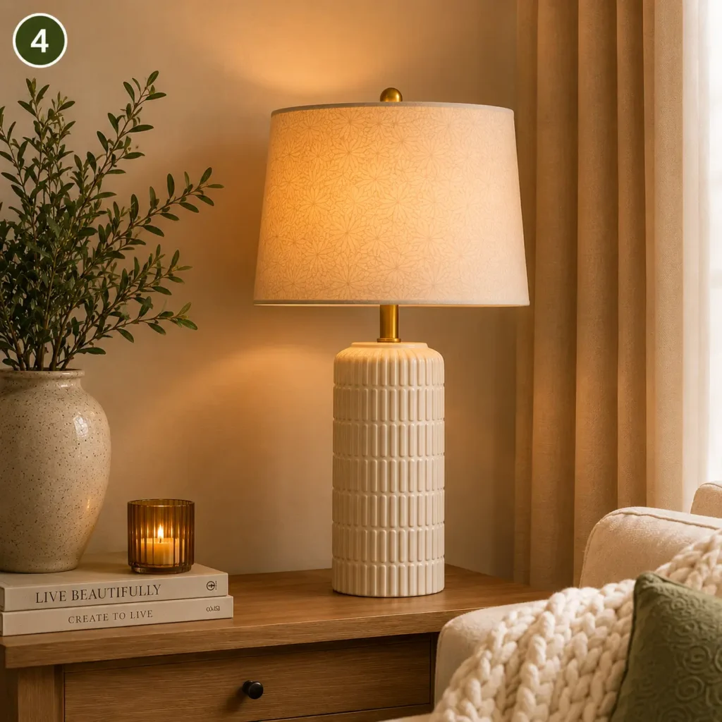 Textured ceramic table lamp with a warm white shade on a wood side table