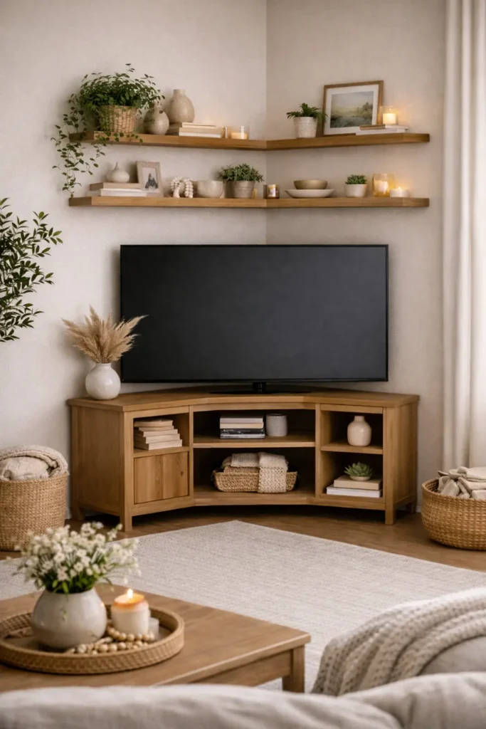 Cozy corner TV setup with wooden console, floating shelves, soft lighting, and neutral decor creating a space-saving and calming living room design