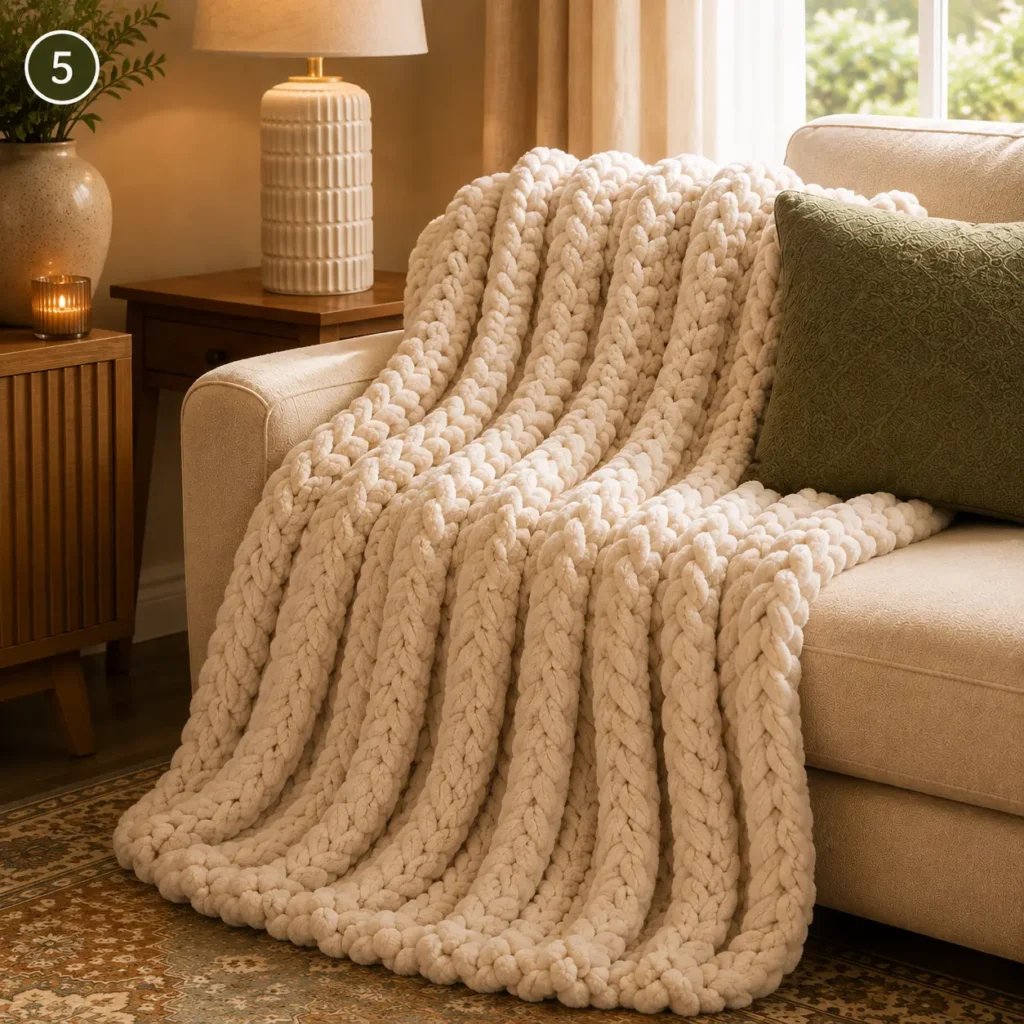 Cream chunky knit throw blanket draped over a cozy living room chair