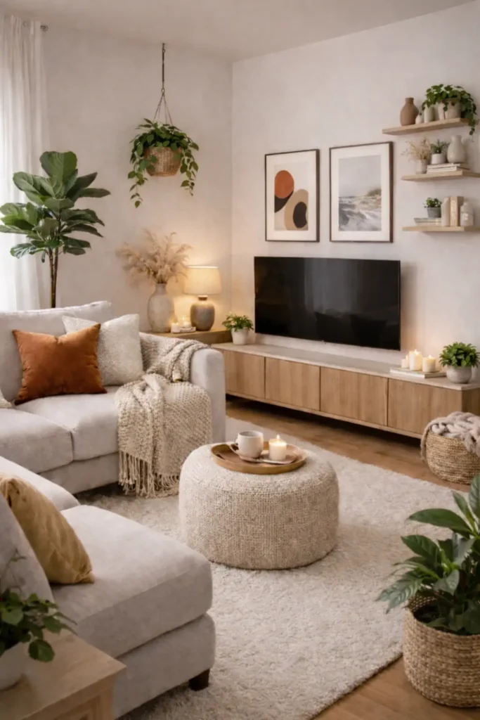 Cozy small living room TV corner with neutral decor, soft textures, indoor plants, floating shelves, and warm lighting creating a calm and inviting space