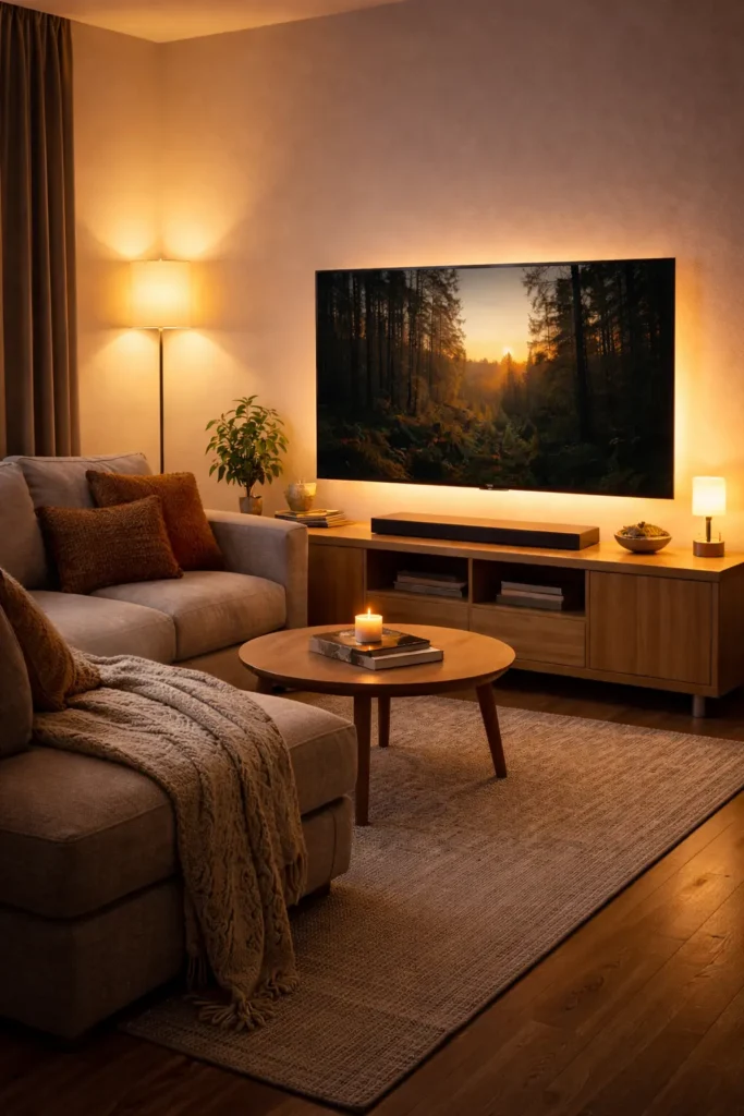 cozy TV corner decor with ambient lighting and soft warm glow
