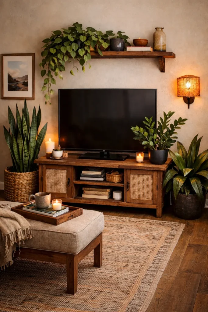 Cozy TV corner with wooden console, indoor plants, floating shelf decor, and warm ambient lighting creating a relaxing and natural living room setup