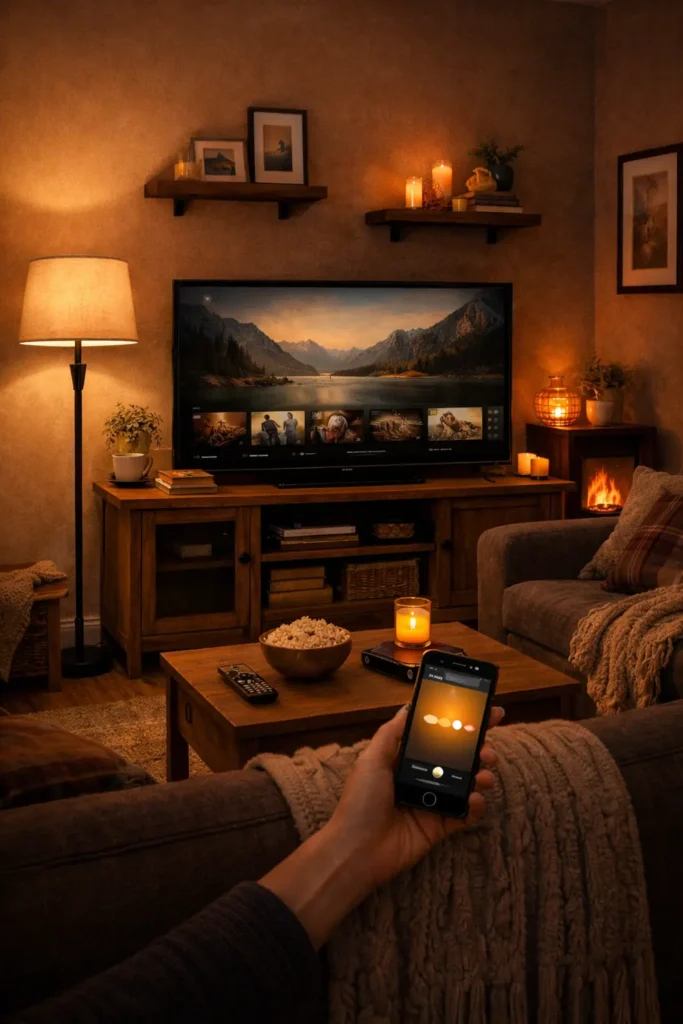 Cozy TV room with smart ambient lighting, floor lamp, candles, and warm tones controlled by smartphone for a relaxing and cinematic living room experience