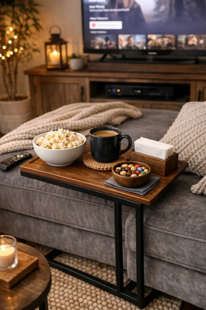 Cozy TV snack station with sofa tray holding popcorn, coffee, and snacks, creating a comfortable and convenient movie night setup at home