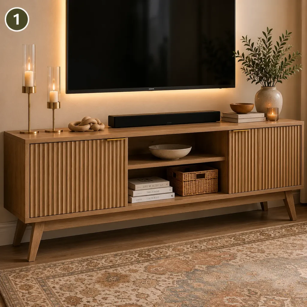 Modern fluted wood TV stand with slatted doors and open storage