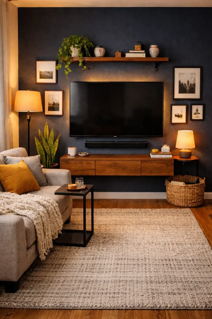 Cozy TV setup with dark accent wall, gallery frames, floating console, and warm ambient lighting creating a modern and inviting living room atmosphere