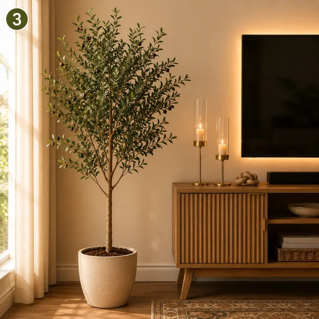 Tall faux olive tree in a neutral ceramic planter beside a TV stand