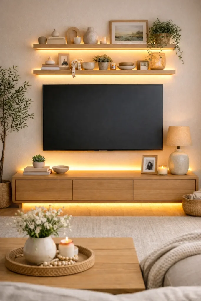 Minimal TV wall with floating shelves, warm LED strip lighting, and neutral decor creating a cozy and modern living room ambiance