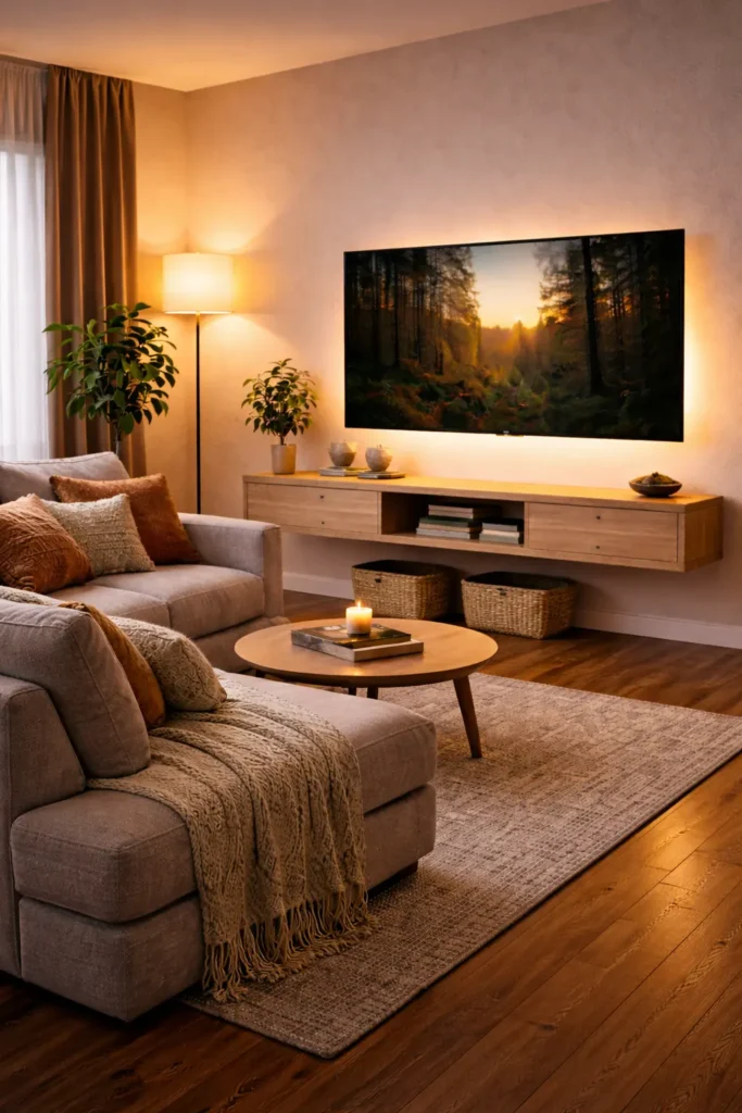 cozy TV corner decor ideas for small living room with space saving layout