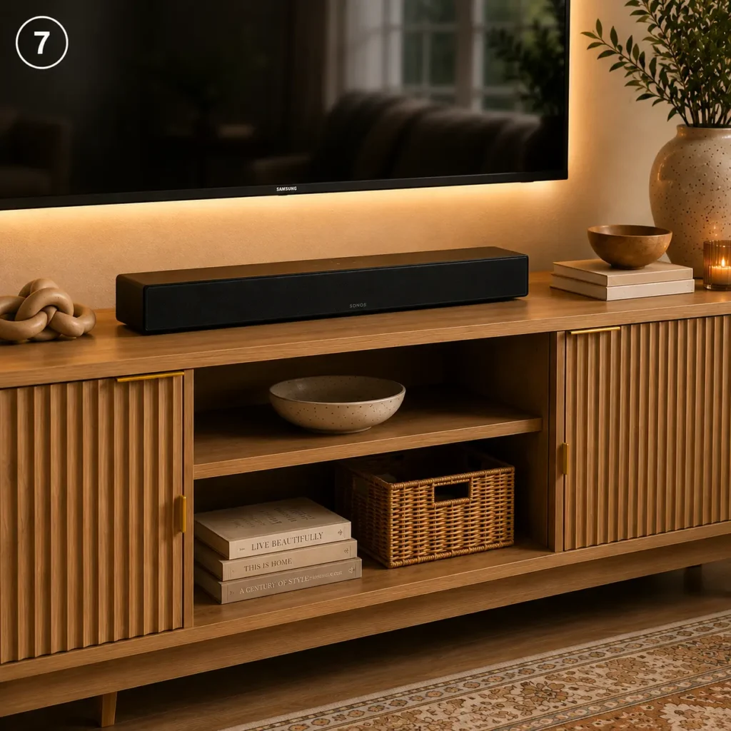Slim black TV soundbar positioned beneath a wall-mounted television