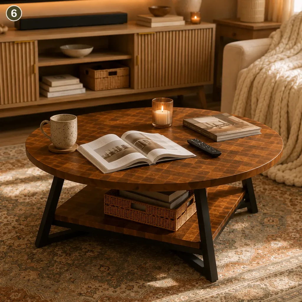 Round wooden coffee table with a warm finish in a cozy living room