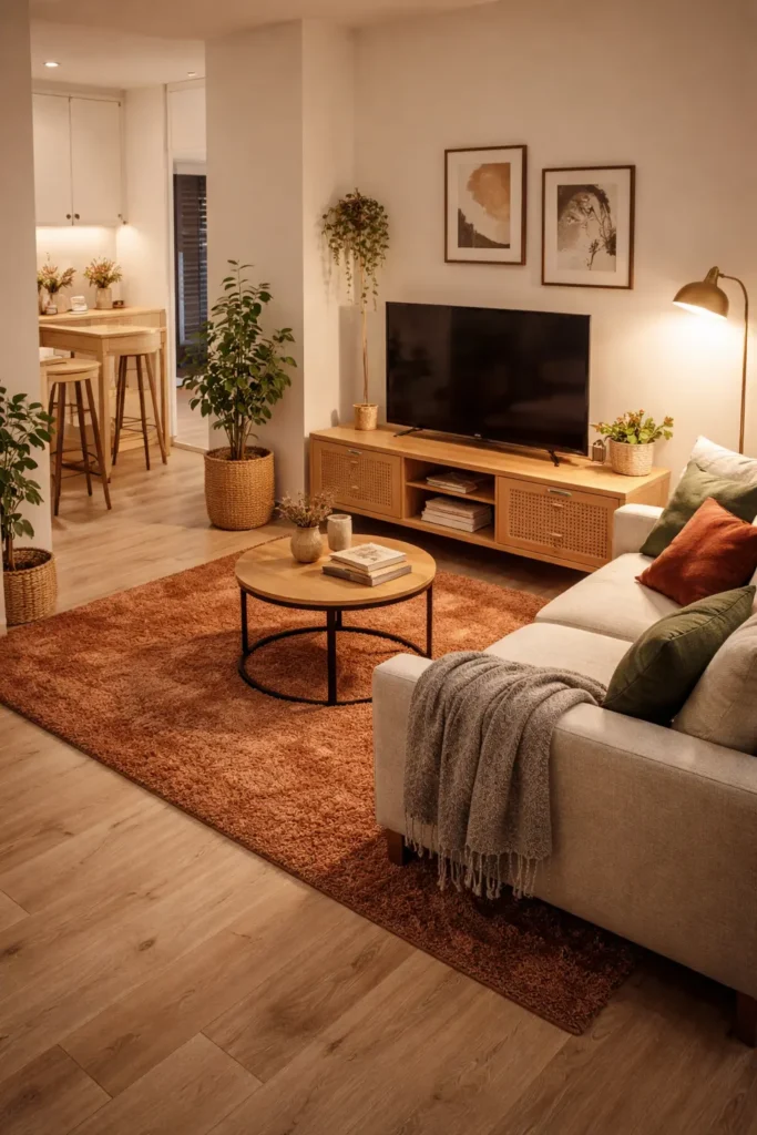 Cozy small apartment TV corner in an open layout with warm lighting, textured rug, wooden console, plants, and comfortable sofa for a welcoming living room setup