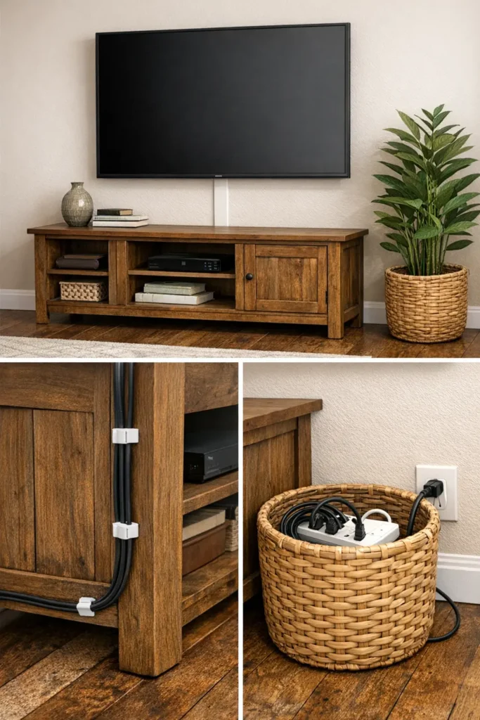 TV cable management setup with hidden cords using wall clips and a woven basket to conceal power strip and wires for a clean, clutter-free living room look
