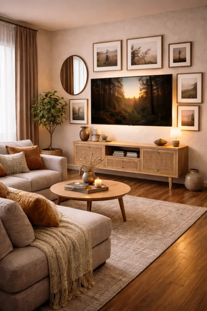 cozy TV corner decor with indoor plants and aesthetic styling