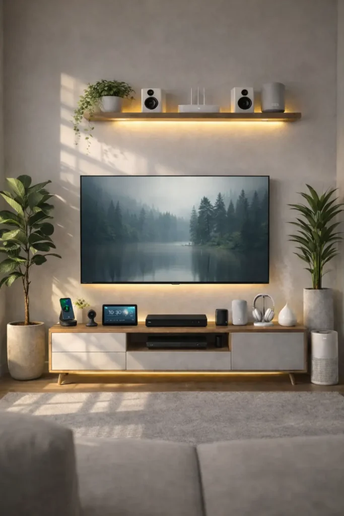Minimal shelf styling around TV with books, ceramic decor and plant