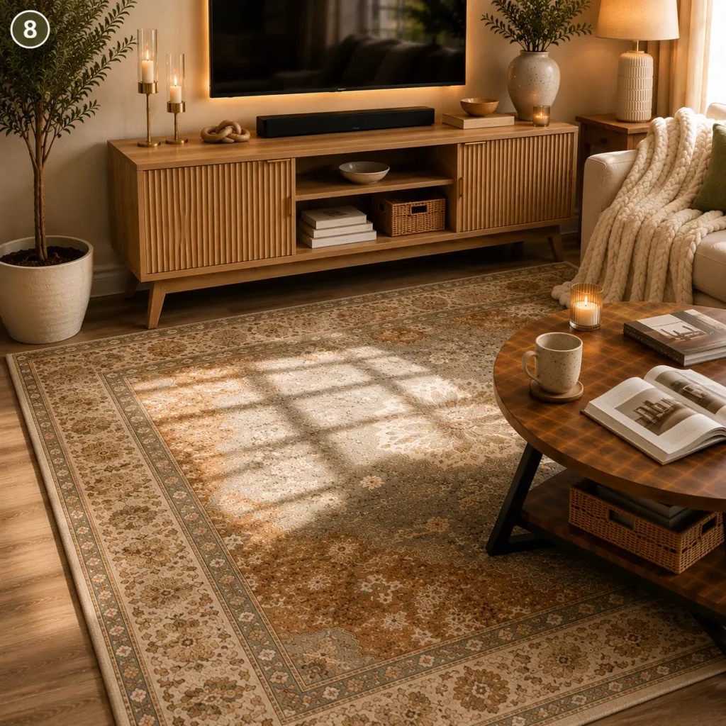 Vintage-style neutral area rug defining a cozy living room seating area