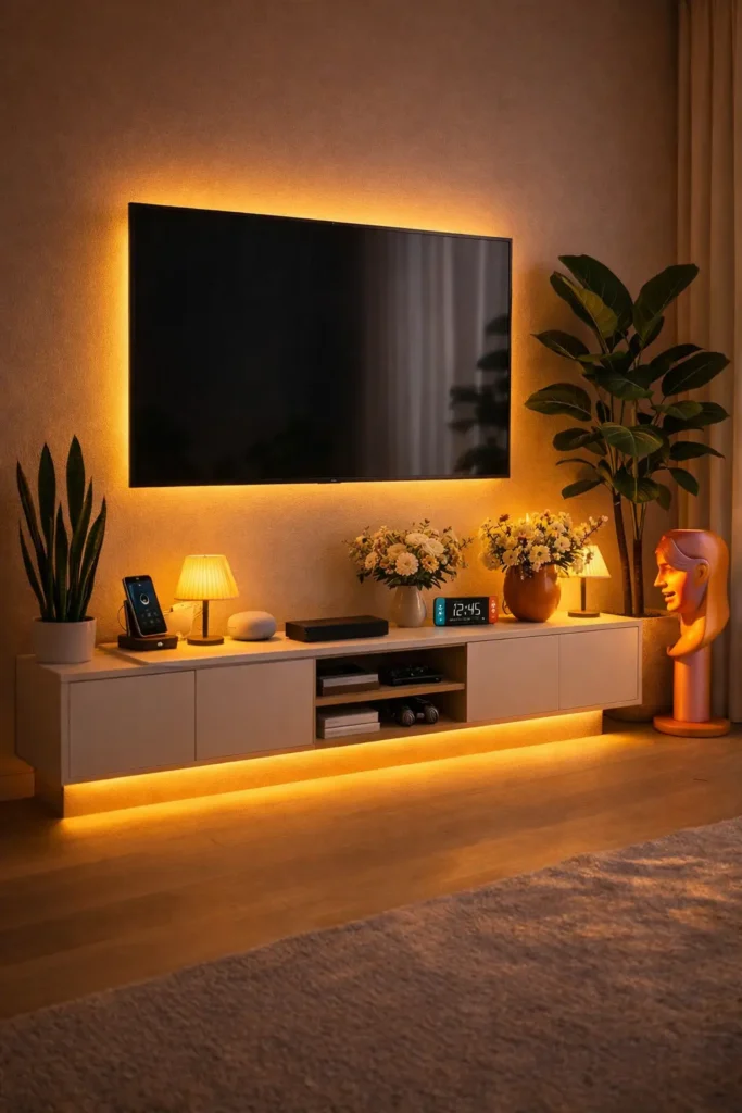 Warm layered lighting around TV corner with pleated lamp and LED backlight