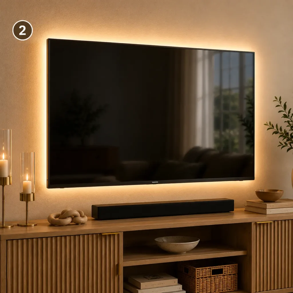 Warm white LED strip light installed behind a TV for ambient lighting